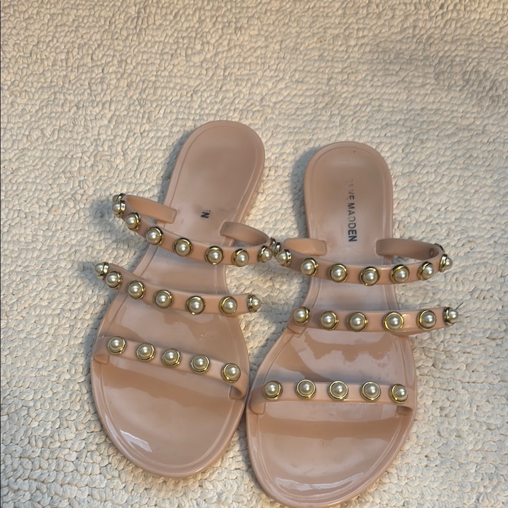 Steve Madden Tan Slide Sandals with Metallic Studs